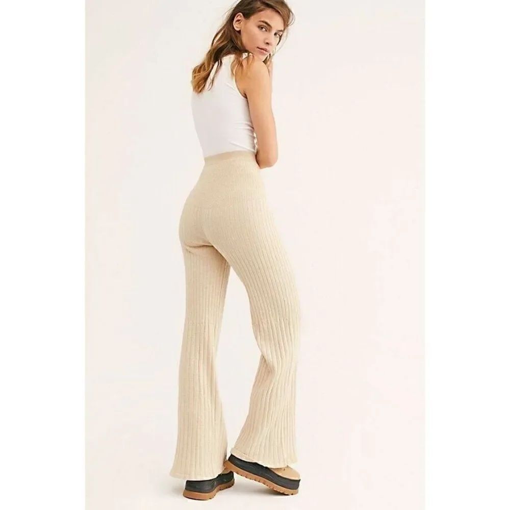NEW FREE PEOPLE Sz LKEEP IT REAL SWEATER RIBBED KNIT FLARE PANTS CHAMPAGNE